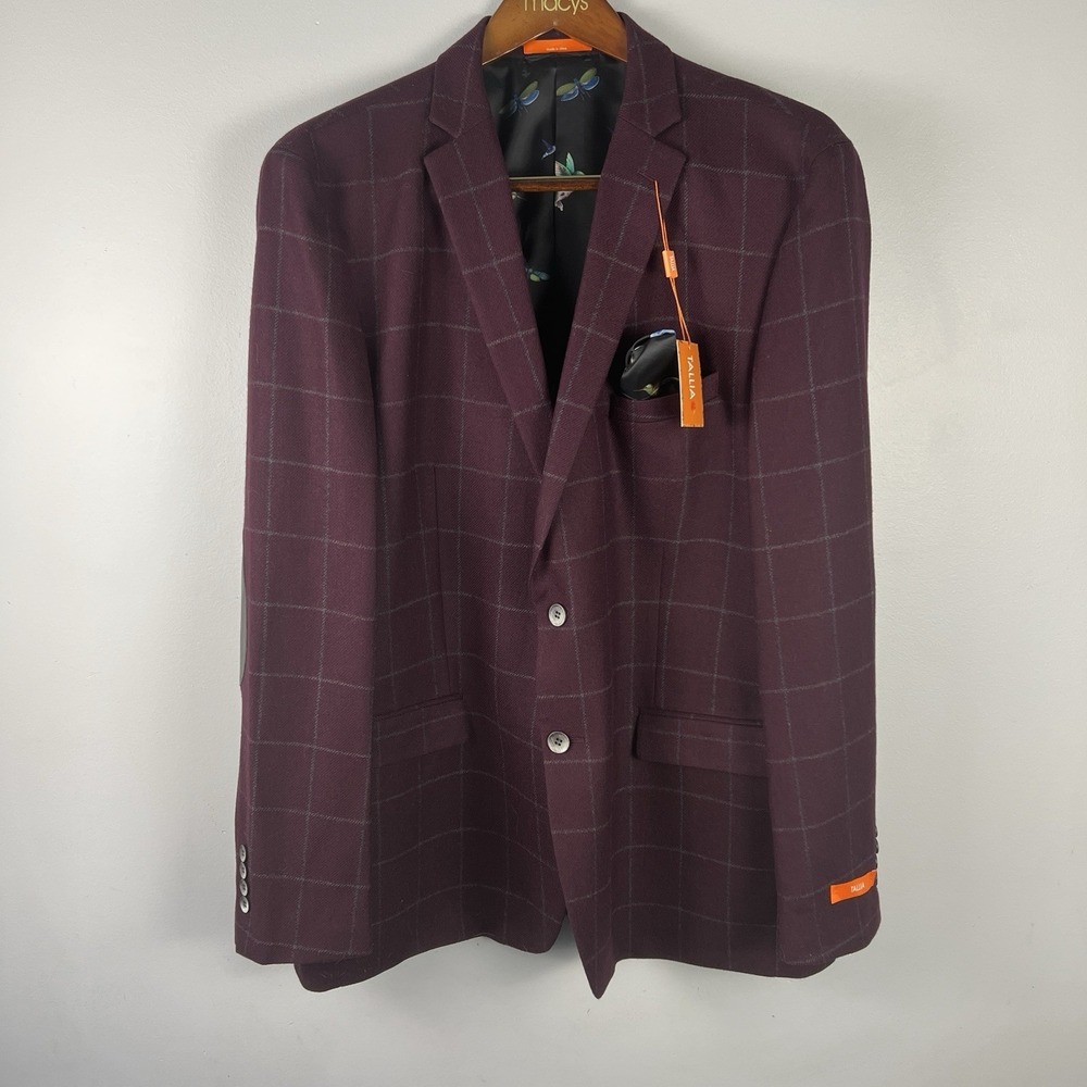NWT Tallia 48L Burgundy Windowpane Wool Sport Coat Blazer Elbow Patches